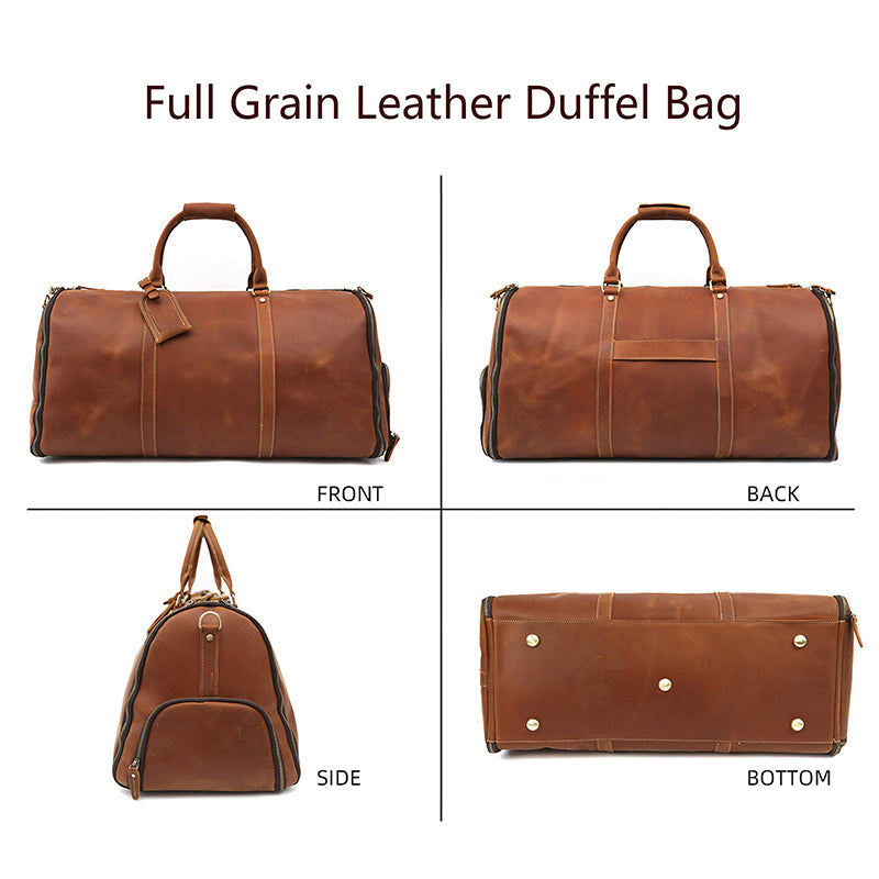 Men's Convertible Full Grain Leather Garment Bag, Carry-On Weekender with Shoe Compartment