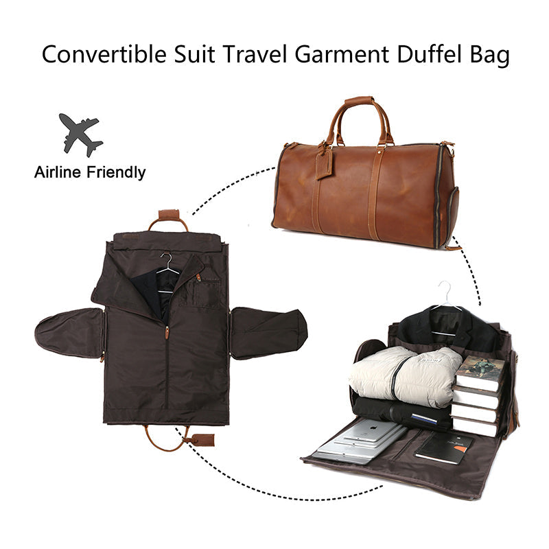 Men's Convertible Full Grain Leather Garment Bag, Carry-On Weekender with Shoe Compartment