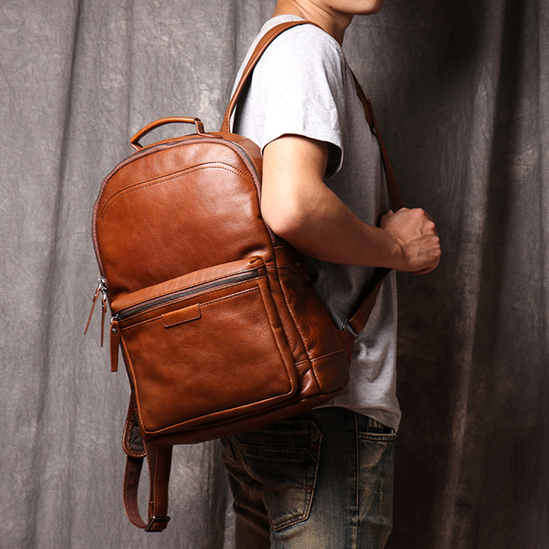 Full Grain Leather Men Backpack Handmade Leather Laptop Backpack Travel Backpack 88120