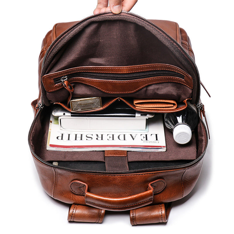 Full Grain Leather Men Backpack Handmade Leather Laptop Backpack Travel Backpack 88120