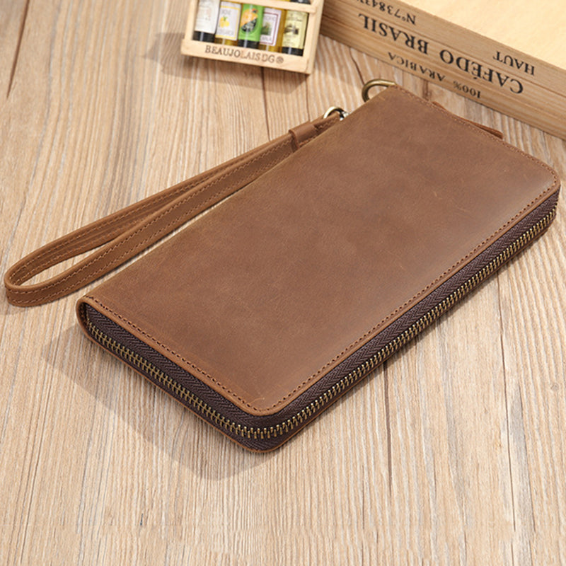 Full Grain Leather Men's Wallet Handmade Long Clutch Retro Mens Leather Zipper Wallet M1028