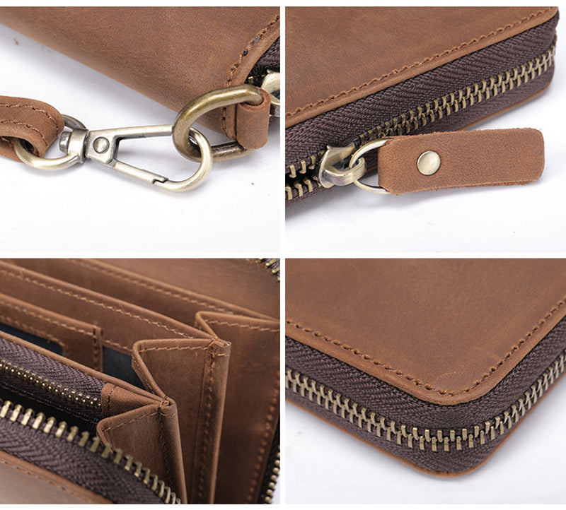 Full Grain Leather Men's Wallet Handmade Long Clutch Retro Mens Leather Zipper Wallet M1028