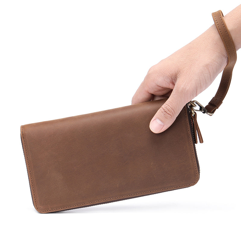 Full Grain Leather Men's Wallet Handmade Long Clutch Retro Mens Leather Zipper Wallet M1028