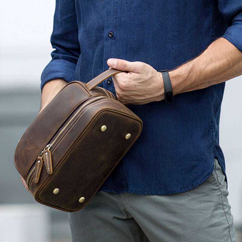 Full Grain Leather Wash Bag Handmade Toiletry Bag Dopp Kit Shaving Kit 8814