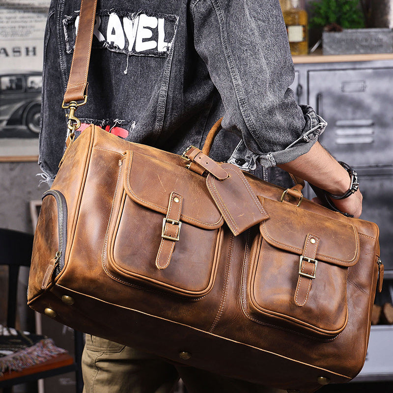 Full Grain Leather Weekender Bag Retro Travel Holdall for Men Handmade Leather Duffel Bag Large Carry-on Bag