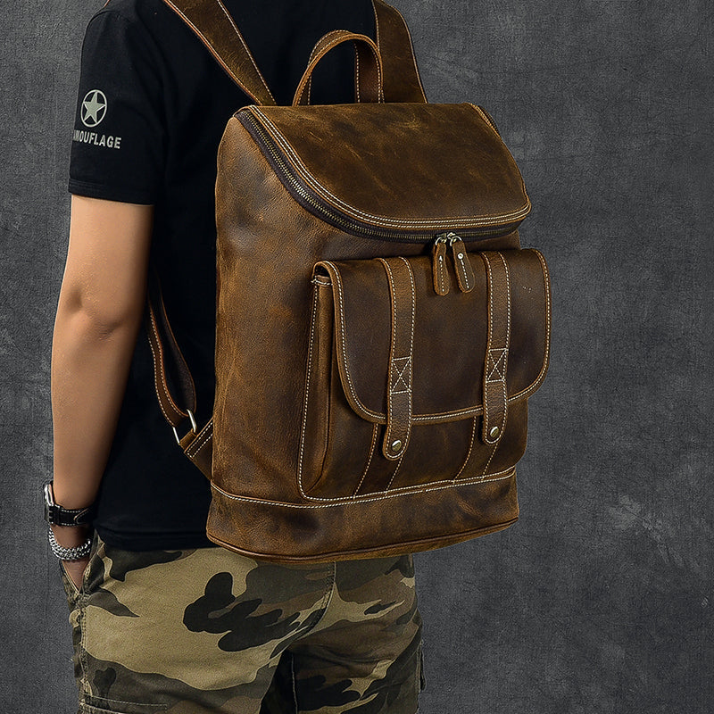 Large Capacity Travel Backpack Crazy Horse Leather Men Backpack Laptop Backpack
