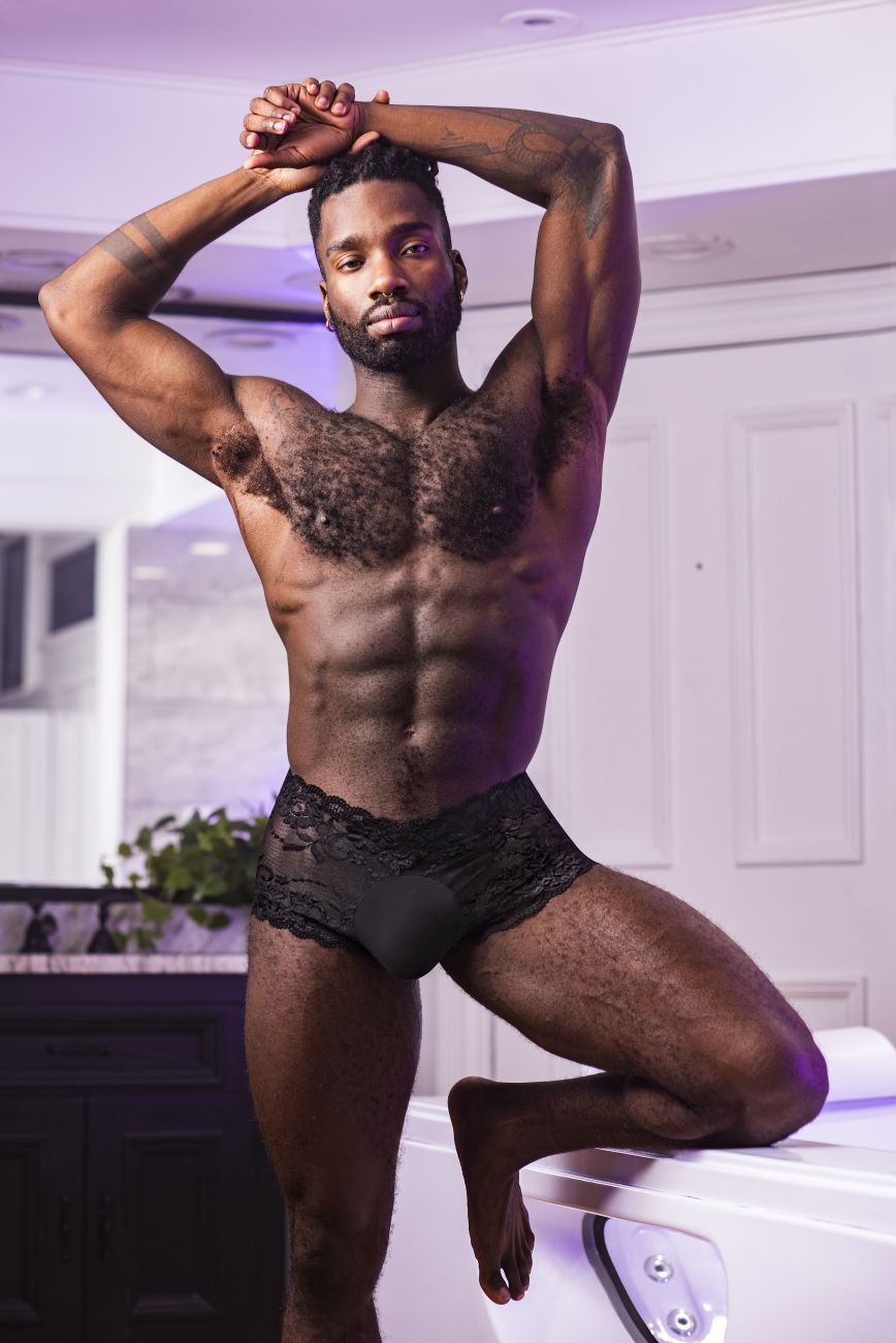 Male Power Men's Underwear 127-280 Sassy Lace Mini Short Sheer Pouch Color Black