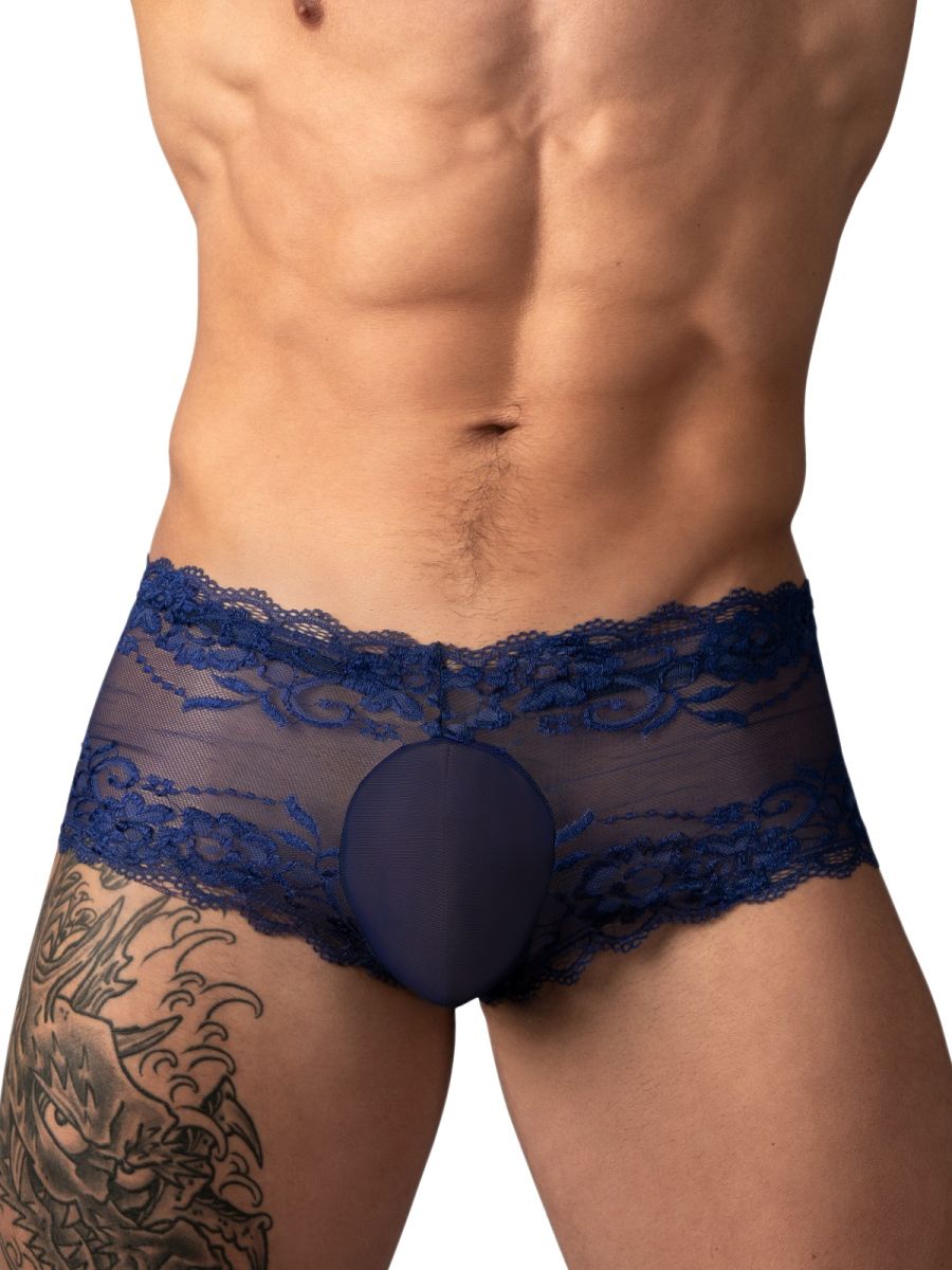 Male Power Men's Underwear 127-280 Sassy Lace Mini Short Sheer Pouch Color Navy