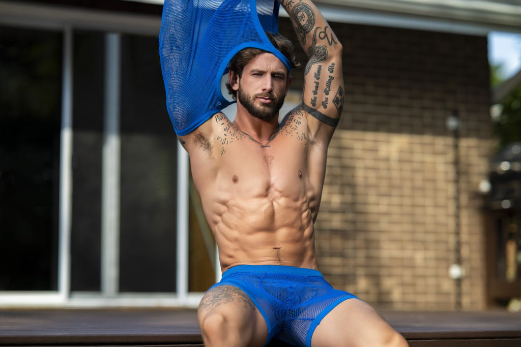 Male Power Men's Underwear 152-11C Fishnet 2 Pouch Short Color Royal