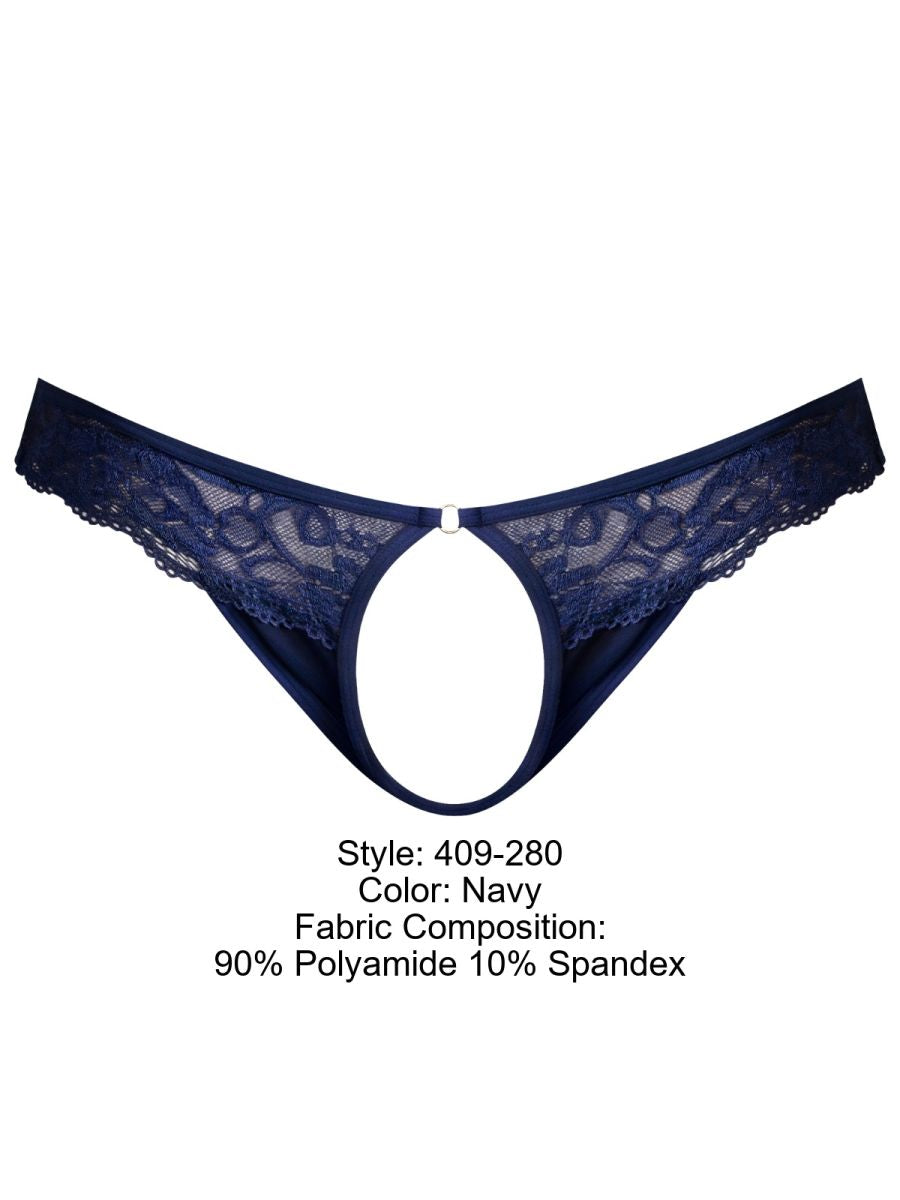 Male Power Men's Underwear 409-280 Sassy Lace Open Ring Thong Color Navy