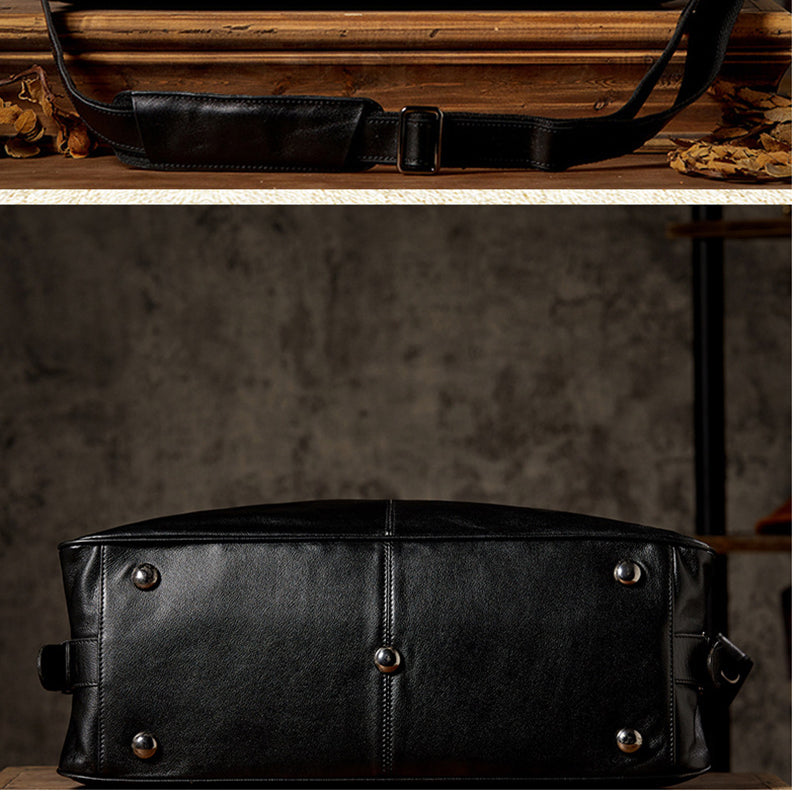 Men’s Leather Travel Duffel Bag, Full Grain Leather Shoulder Bag,  Large Capacity Black Weekend Bag