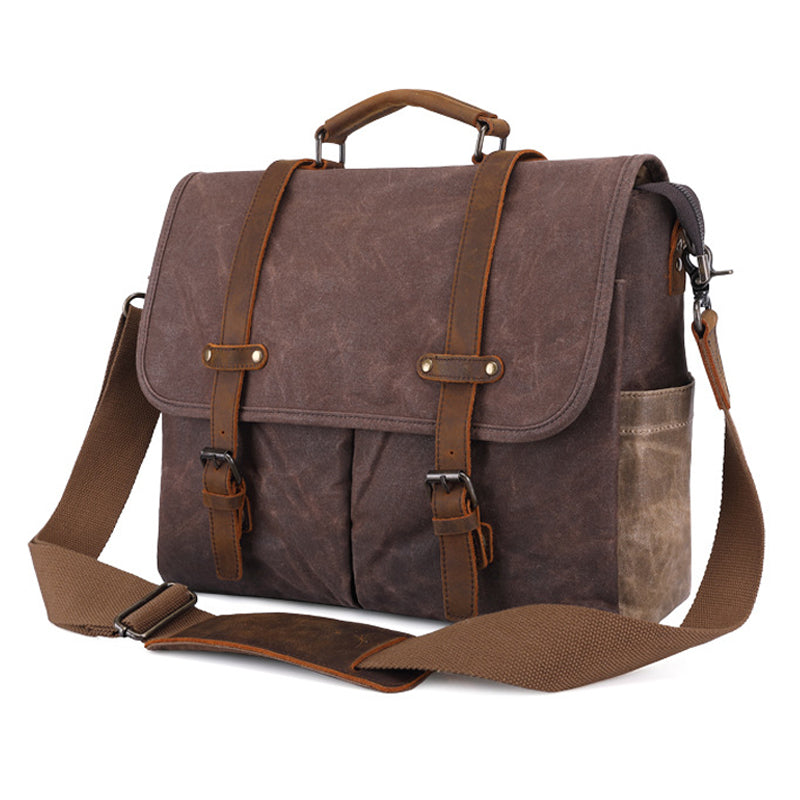 Mens Messenger Bag Waxed Canvas Briefcase 15.6 Inch Waterproof Vintage Canvas Leather Computer Laptop Bag Rugged Satchel Shoulder Bag