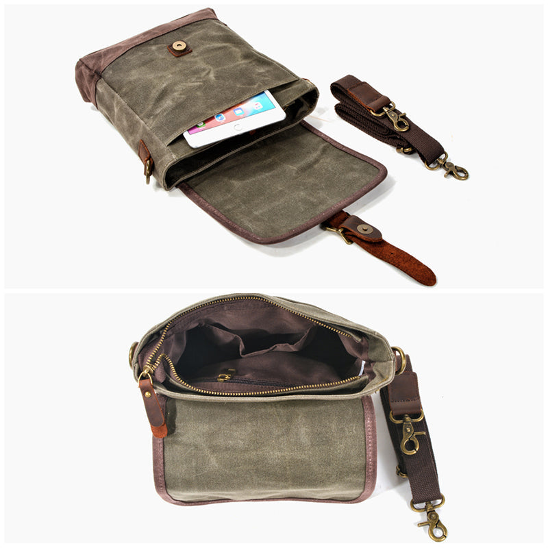 Mens Waxed Canvas Messenger Bag Full Grain Leather With Canvas Shoulder Bag Crossbody Bag Gift For Him MC6070