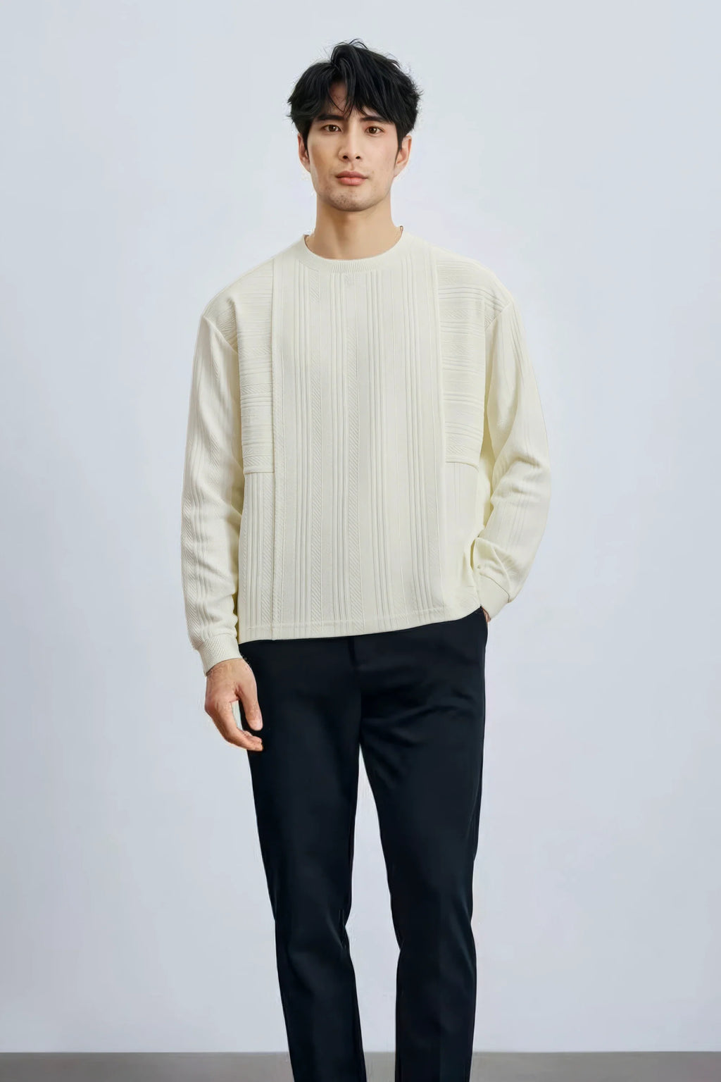 Men's Long Sleeve Knit Sweater with Textured Pattern