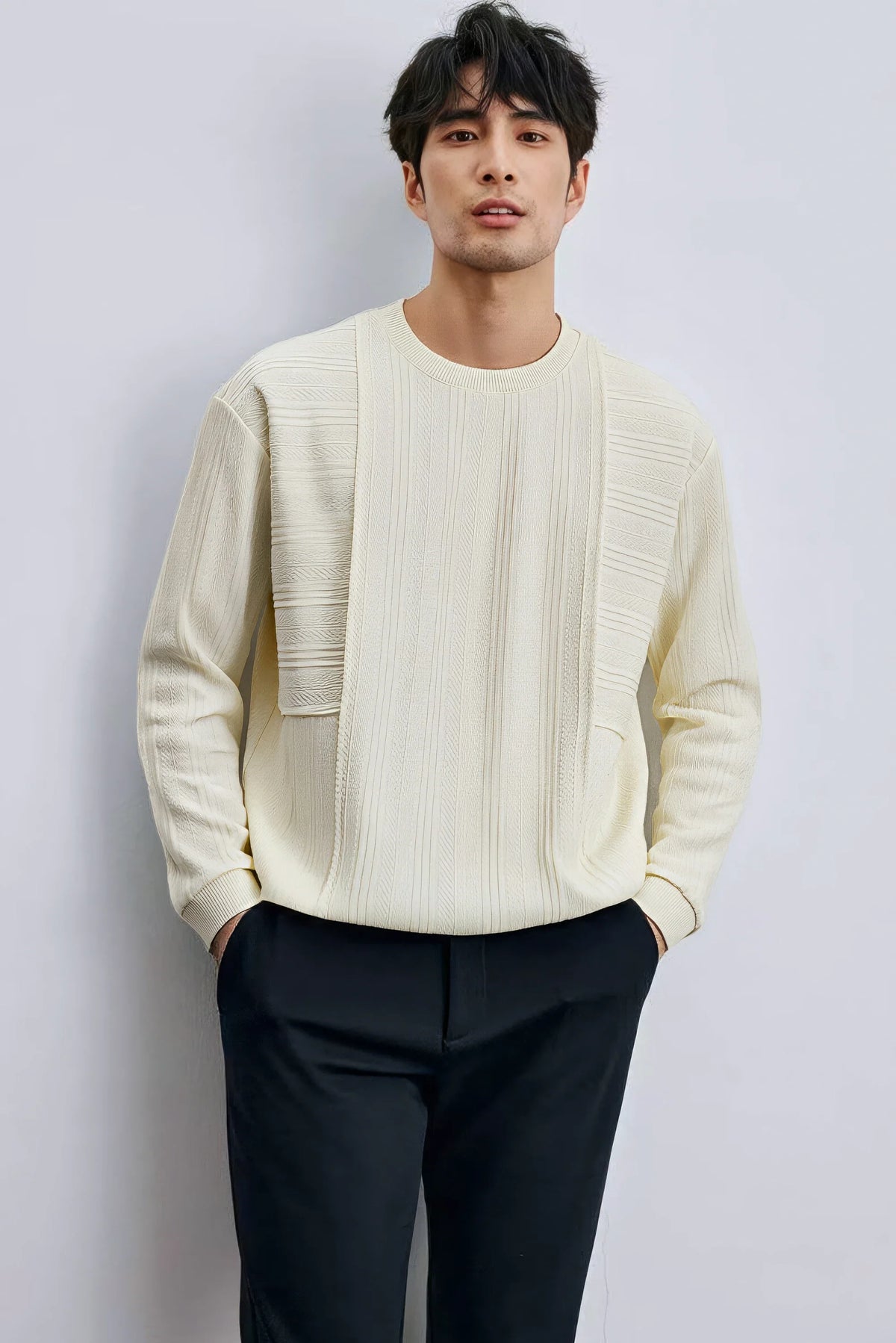 Men's Long Sleeve Knit Sweater with Textured Pattern