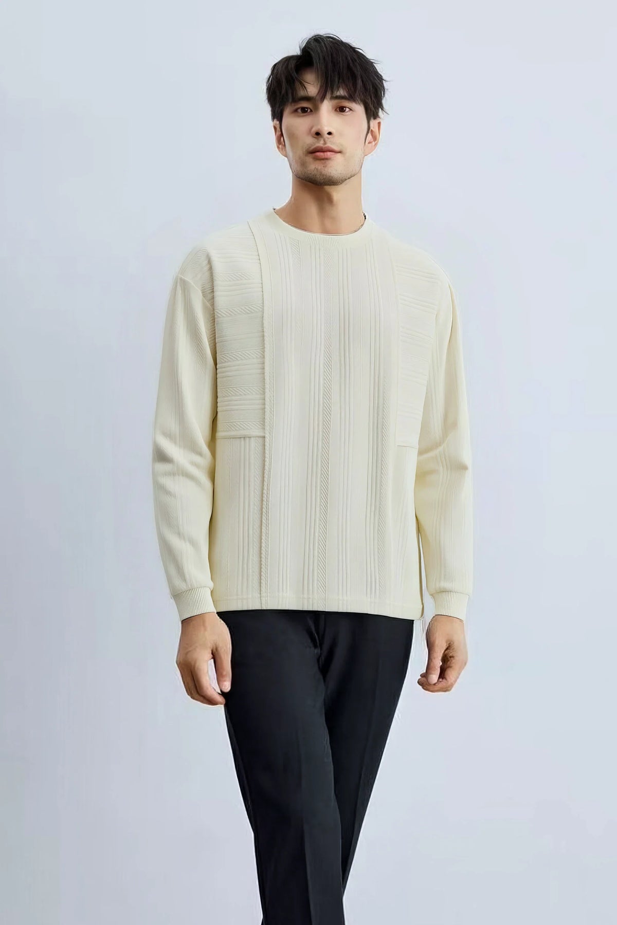 Men's Long Sleeve Knit Sweater with Textured Pattern