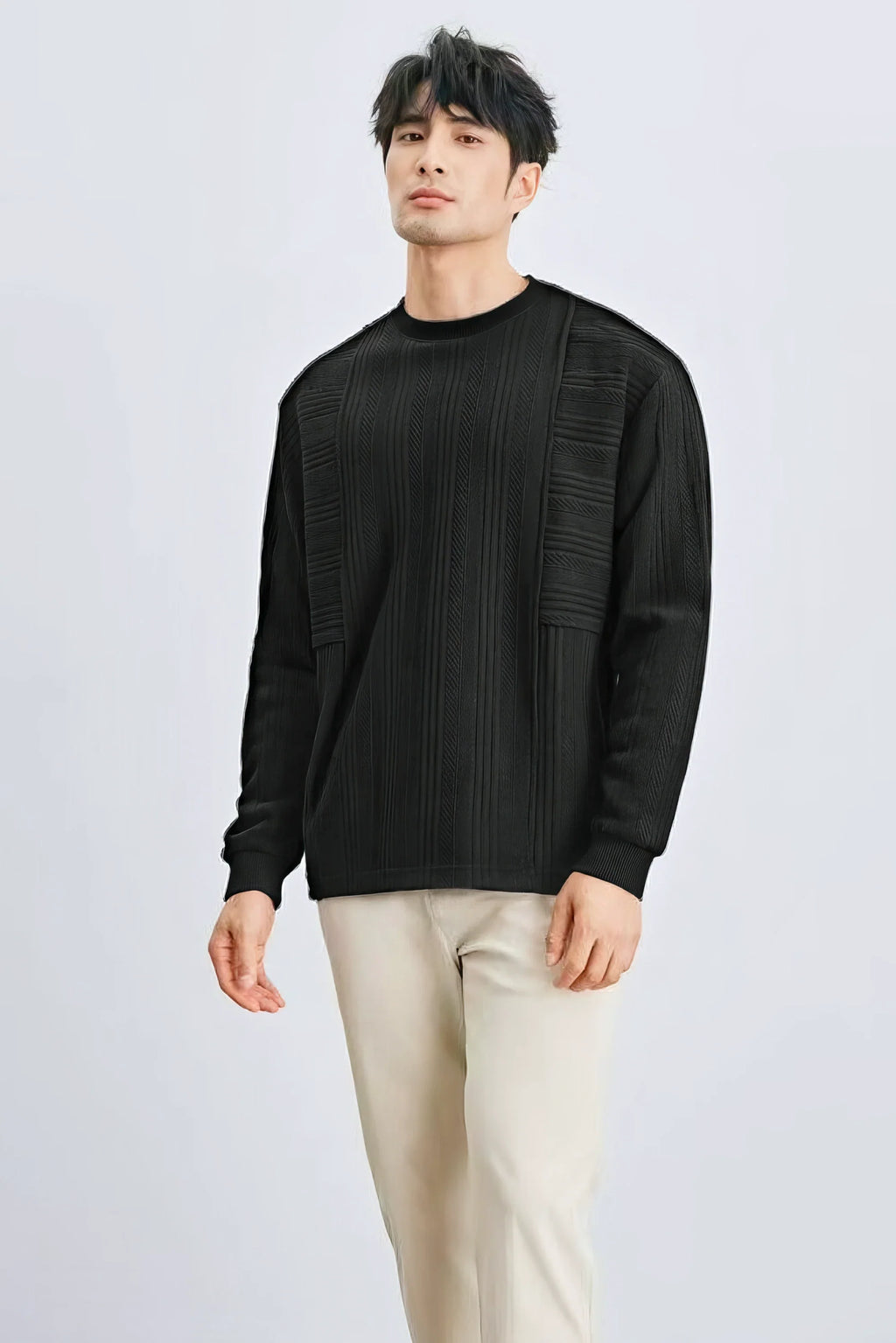 Men's Long Sleeve Knit Sweater with Textured Pattern