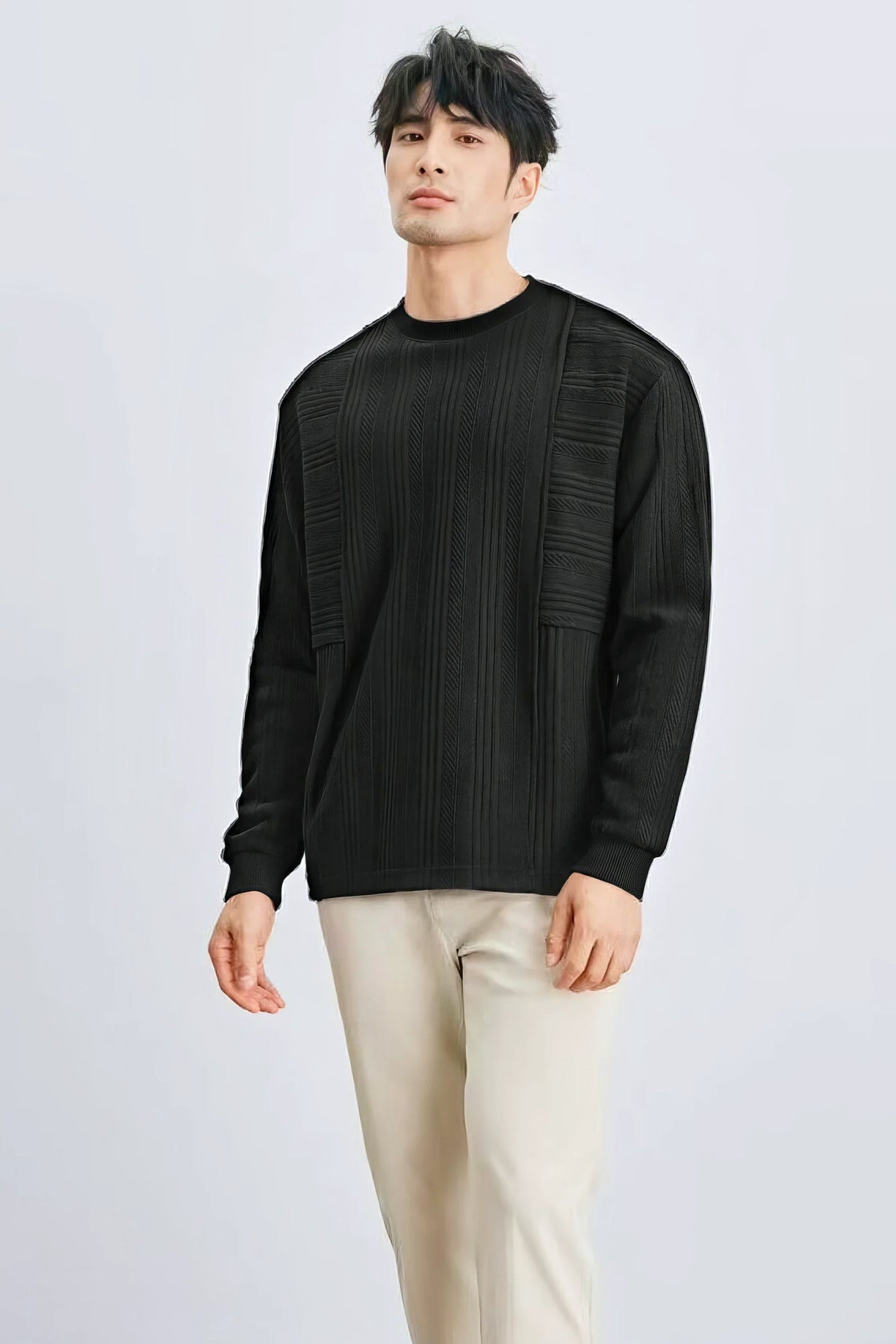 Men's Long Sleeve Knit Sweater with Textured Pattern