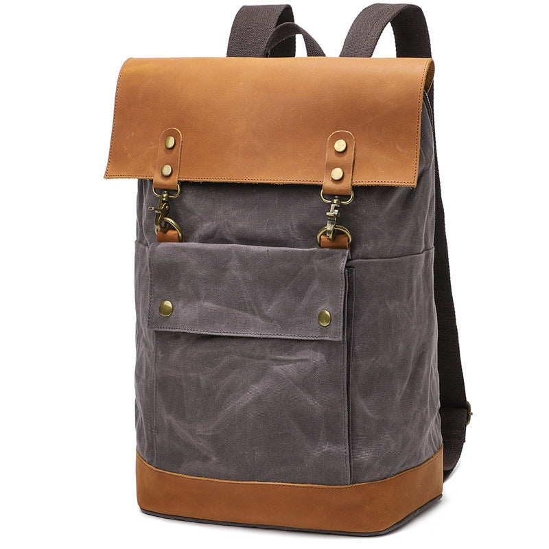 Waterproof Canvas Travel Backpack Full Grain Leather And Canvas Laptop Backpack Flap Cover Camera Backpack