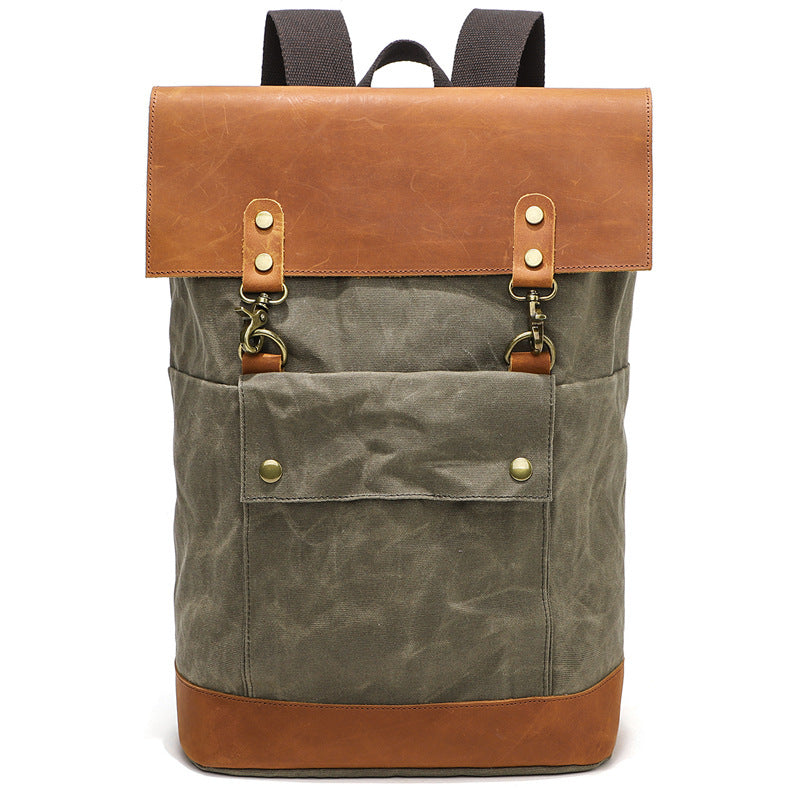 Waterproof Canvas Travel Backpack Full Grain Leather And Canvas Laptop Backpack Flap Cover Camera Backpack