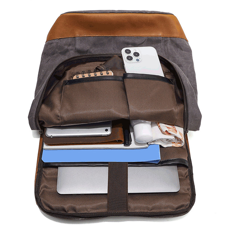 Waterproof Canvas Travel Backpack Full Grain Leather And Canvas Laptop Backpack Flap Cover Camera Backpack