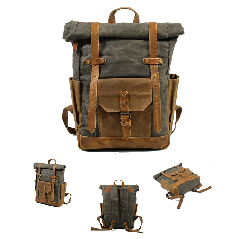 Wax Canvas With Full Grain Leather Travel Backpack Waterproof Waxed Canvas Laptop Rucksack Canvas Outdoor Backpack