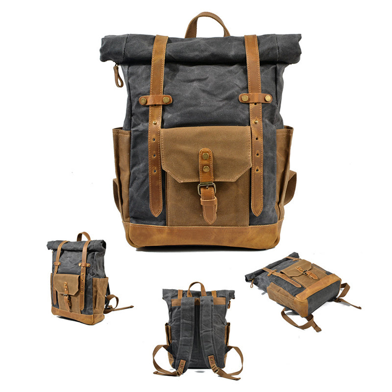 Wax Canvas With Full Grain Leather Travel Backpack Waterproof Waxed Canvas Laptop Rucksack Canvas Outdoor Backpack