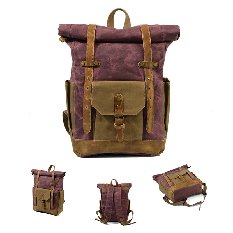 Wax Canvas With Full Grain Leather Travel Backpack Waterproof Waxed Canvas Laptop Rucksack Canvas Outdoor Backpack
