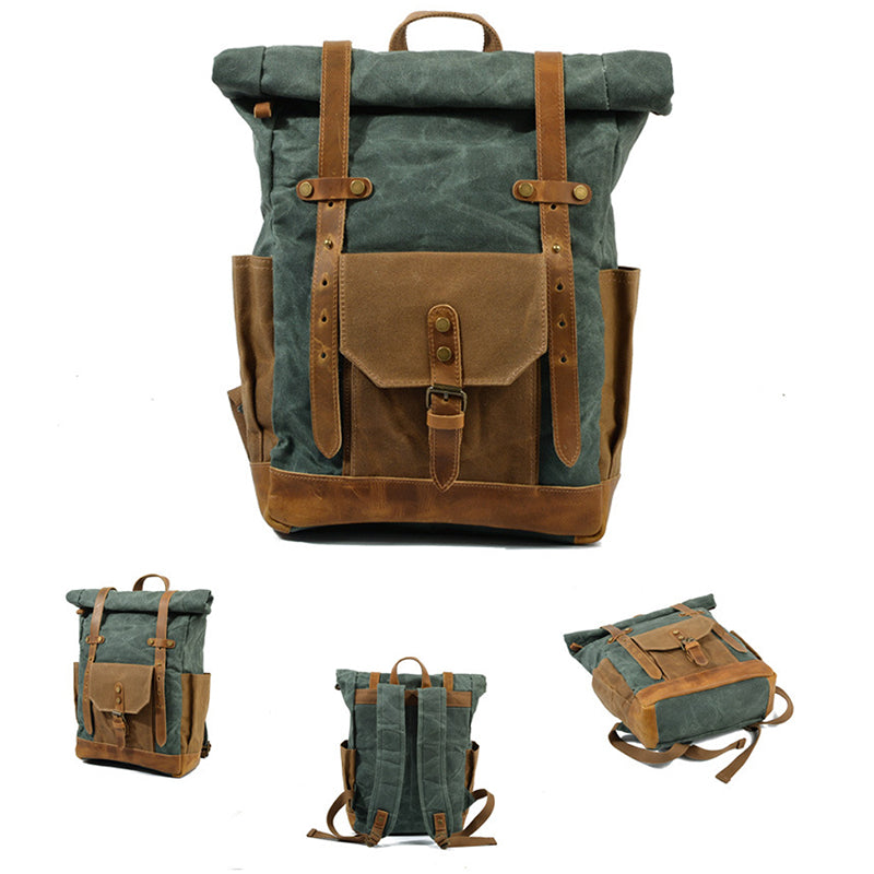 Wax Canvas With Full Grain Leather Travel Backpack Waterproof Waxed Canvas Laptop Rucksack Canvas Outdoor Backpack