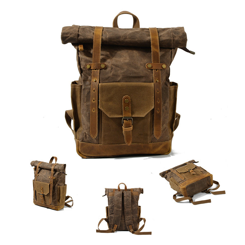 Wax Canvas With Full Grain Leather Travel Backpack Waterproof Waxed Canvas Laptop Rucksack Canvas Outdoor Backpack