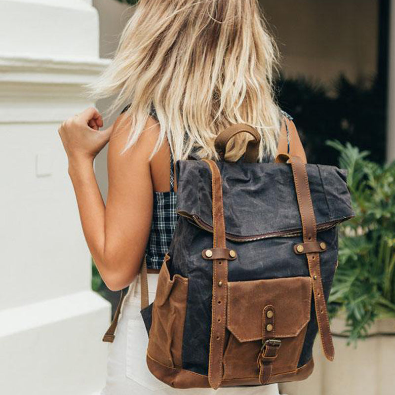 Wax Canvas With Full Grain Leather Travel Backpack Waterproof Waxed Canvas Laptop Rucksack Canvas Outdoor Backpack