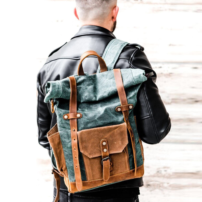 Wax Canvas With Full Grain Leather Travel Backpack Waterproof Waxed Canvas Laptop Rucksack Canvas Outdoor Backpack