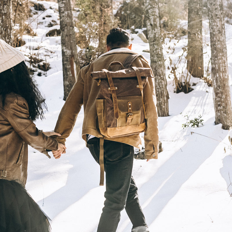 Wax Canvas With Full Grain Leather Travel Backpack Waterproof Waxed Canvas Laptop Rucksack Canvas Outdoor Backpack