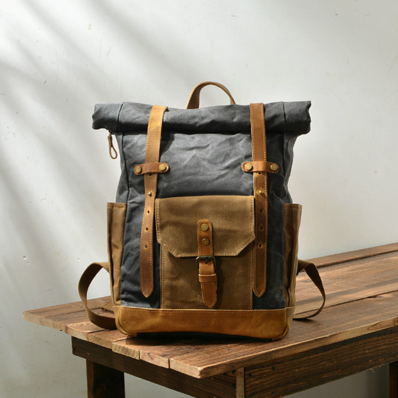 Wax Canvas With Full Grain Leather Travel Backpack Waterproof Waxed Canvas Laptop Rucksack Canvas Outdoor Backpack