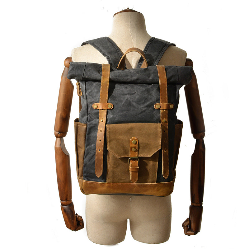 Wax Canvas With Full Grain Leather Travel Backpack Waterproof Waxed Canvas Laptop Rucksack Canvas Outdoor Backpack