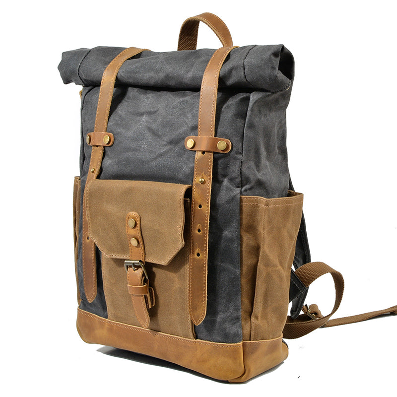 Wax Canvas With Full Grain Leather Travel Backpack Waterproof Waxed Canvas Laptop Rucksack Canvas Outdoor Backpack