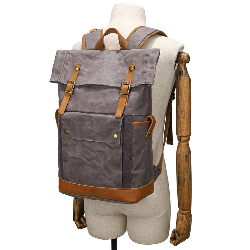 Waxed Canvas Backpack Canvas Rolltop Backpack Waterproof Canvas Laptop Backpack Large Capacity Travel Backpack