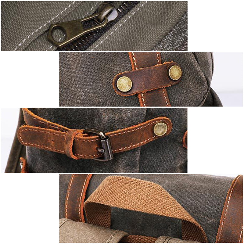 Waxed Canvas Backpack Mens Canvas With Leather Travel Backpack Retro Waterproof Canvas Laptop Backpack