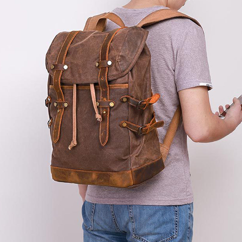 Waxed Canvas Backpack Mens Canvas With Leather Travel Backpack Retro Waterproof Canvas Laptop Backpack