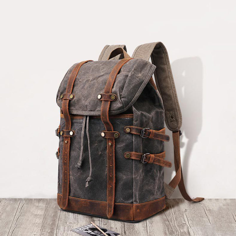 Waxed Canvas Backpack Mens Canvas With Leather Travel Backpack Retro Waterproof Canvas Laptop Backpack