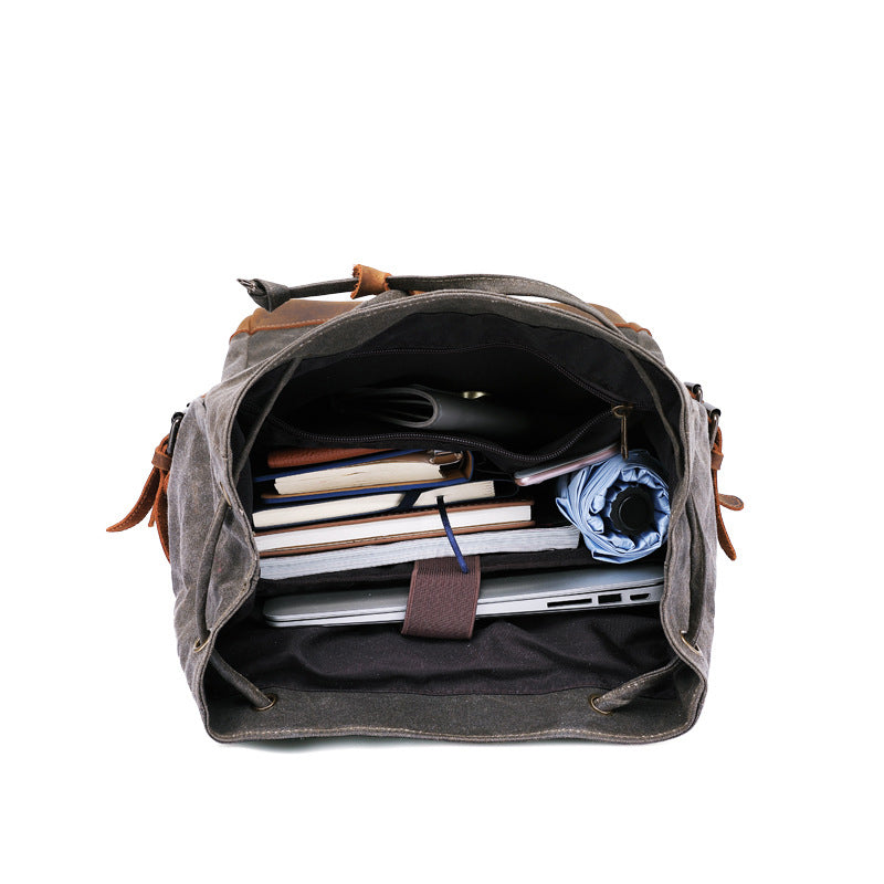 Waxed Canvas Backpack Mens Canvas With Leather Travel Backpack Retro Waterproof Canvas Laptop Backpack