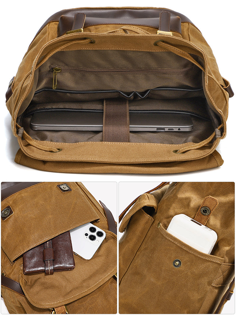 Waxed Canvas Backpack Retro Full Grain Leather And Canvas Travel Backpack Waterproof Outdoor Climbing Backpack