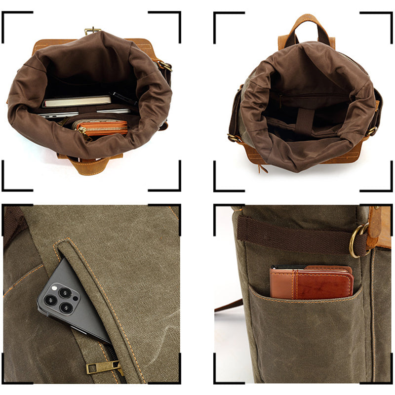 Waxed Canvas Leather Backpack Large Travel School Bag Mens Laptop Rucksack