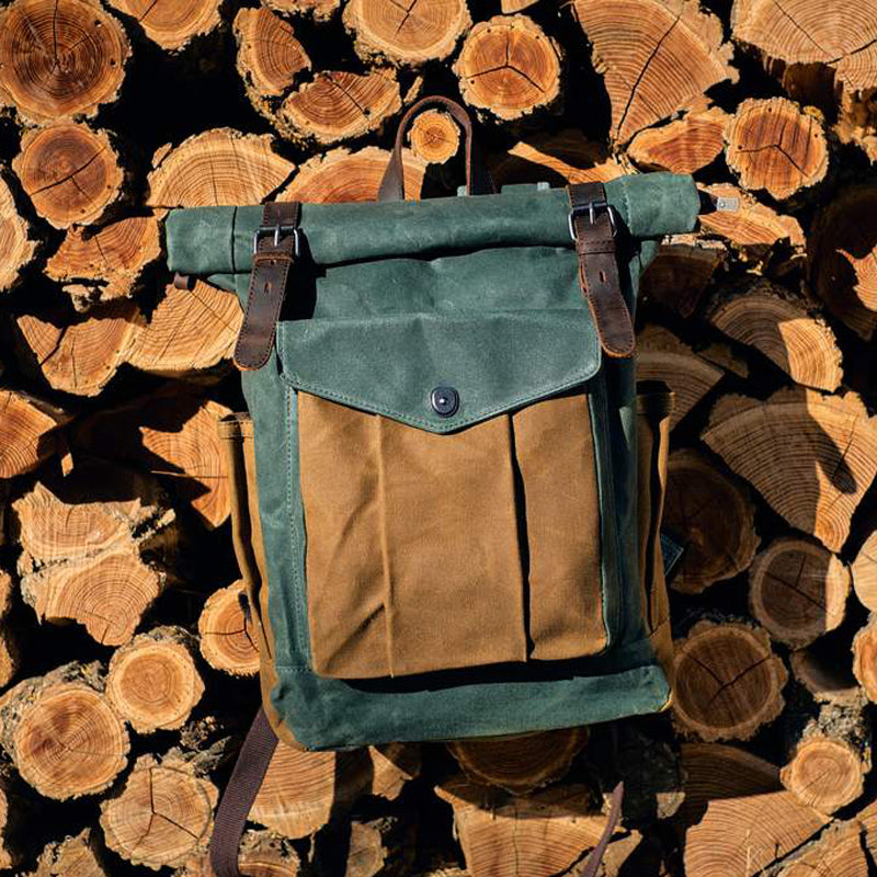 Waxed Canvas Leather Backpack With Roll Up Top Unisex Waterproof Canvas Travel Rucksack Laptop Backpack Christmas Gifts