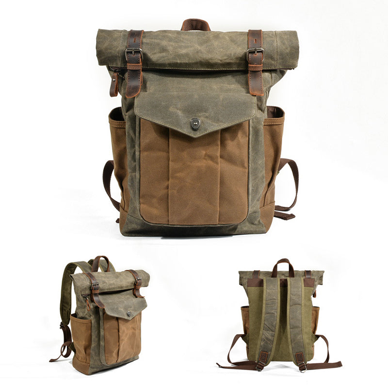 Waxed Canvas Leather Backpack With Roll Up Top Unisex Waterproof Canvas Travel Rucksack Laptop Backpack Christmas Gifts