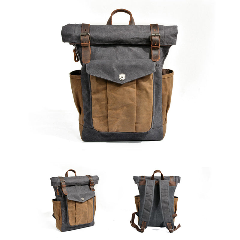 Waxed Canvas Leather Backpack With Roll Up Top Unisex Waterproof Canvas Travel Rucksack Laptop Backpack Christmas Gifts