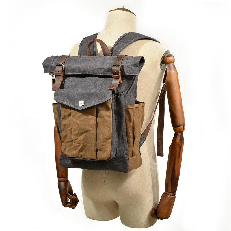 Waxed Canvas Leather Backpack With Roll Up Top Unisex Waterproof Canvas Travel Rucksack Laptop Backpack Christmas Gifts