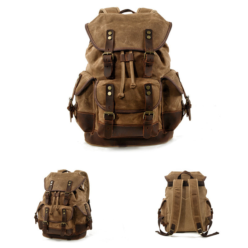 Waxed Canvas Leather Travel Rucksack Canvas With Full Grain Leather Laptop Bag Retro Waterproof Outdoor Hiking Backpack MC9508