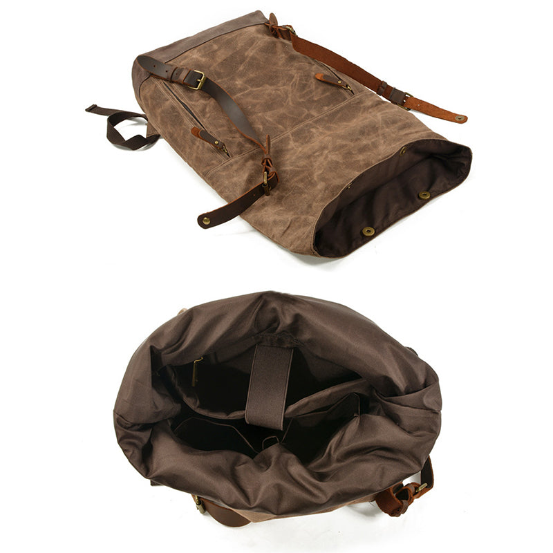 Waxed Canvas Unisex Travel Backpack Waterproof Mountaineering Backpack Canvas With Full Grain Leather Laptop Rucksack