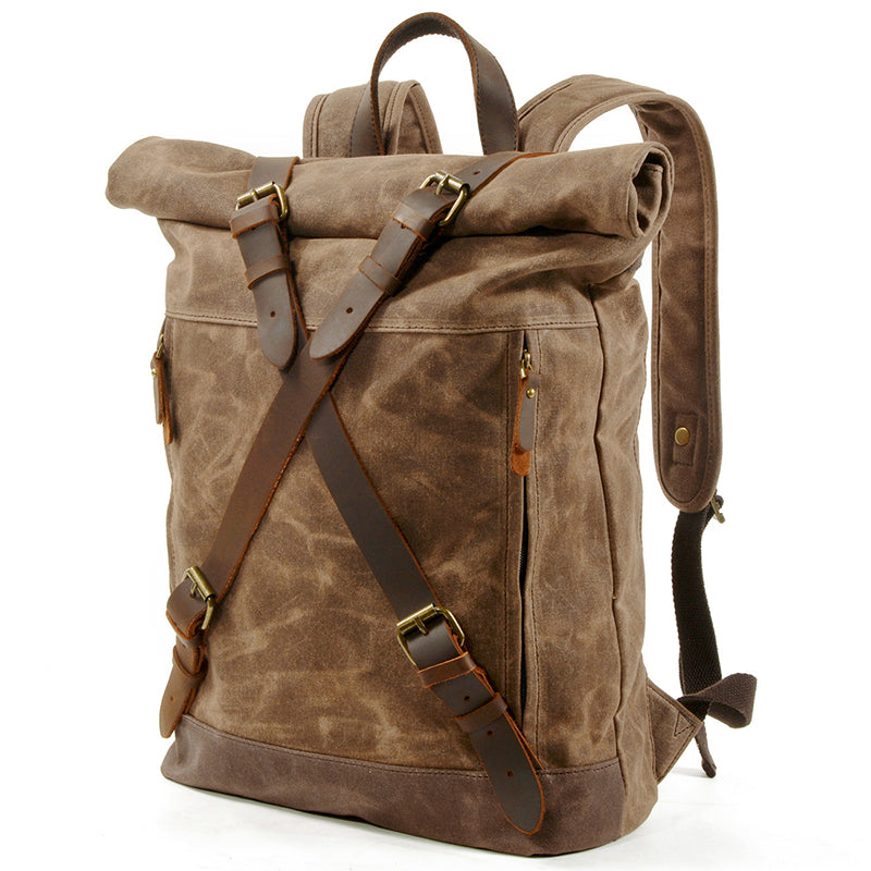 Waxed Canvas Unisex Travel Backpack Waterproof Mountaineering Backpack Canvas With Full Grain Leather Laptop Rucksack